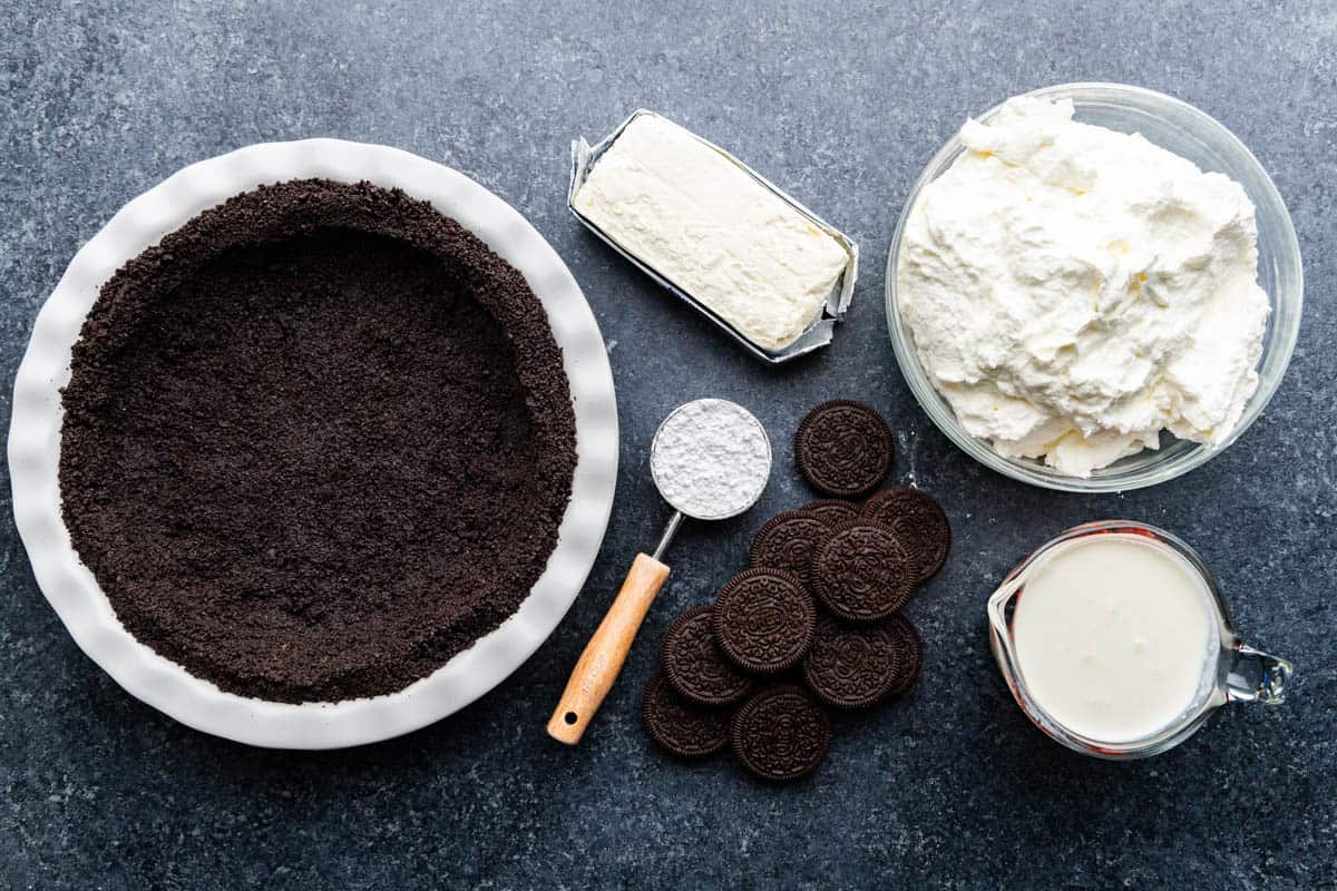 Oreo pie ingredients on a kitchen counter