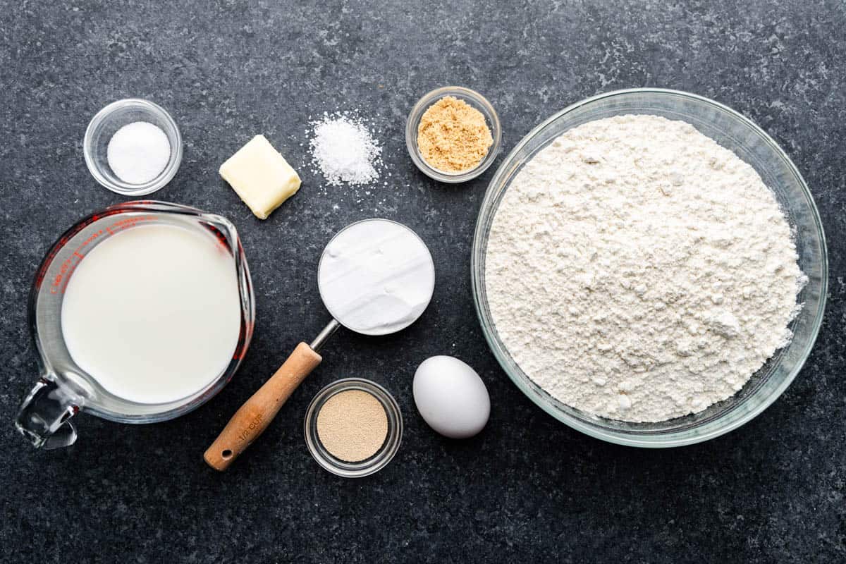 An overhead view of the ingredients needed to make homemade pretzels.