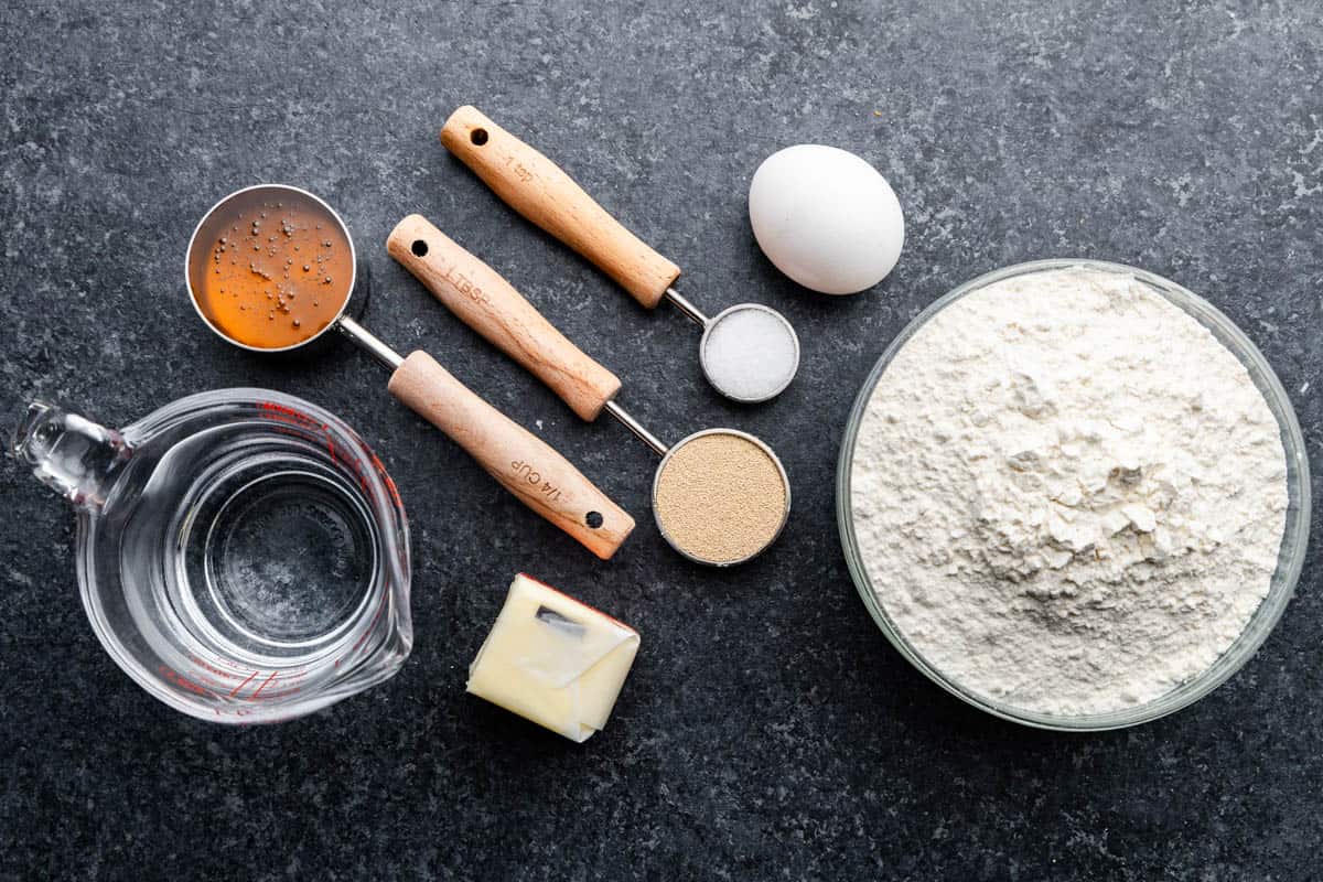 An overhead view of the wet and dry ingredients measured to make this recipe.