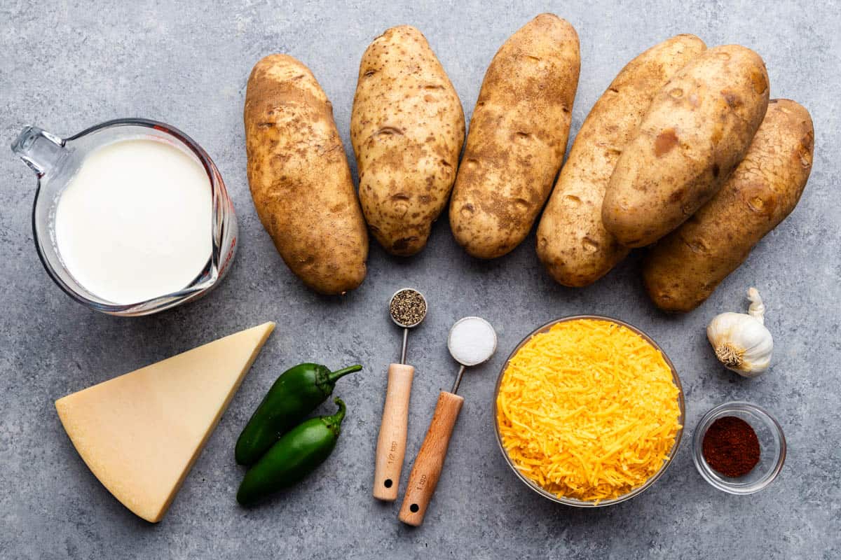 An overhead view of the ingredients needed to make Slow Cooker Jalapeño Scalloped Potatoes.