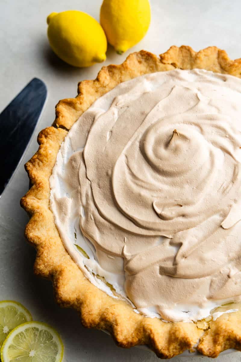 Freshly baked lemon meringue pie on the table