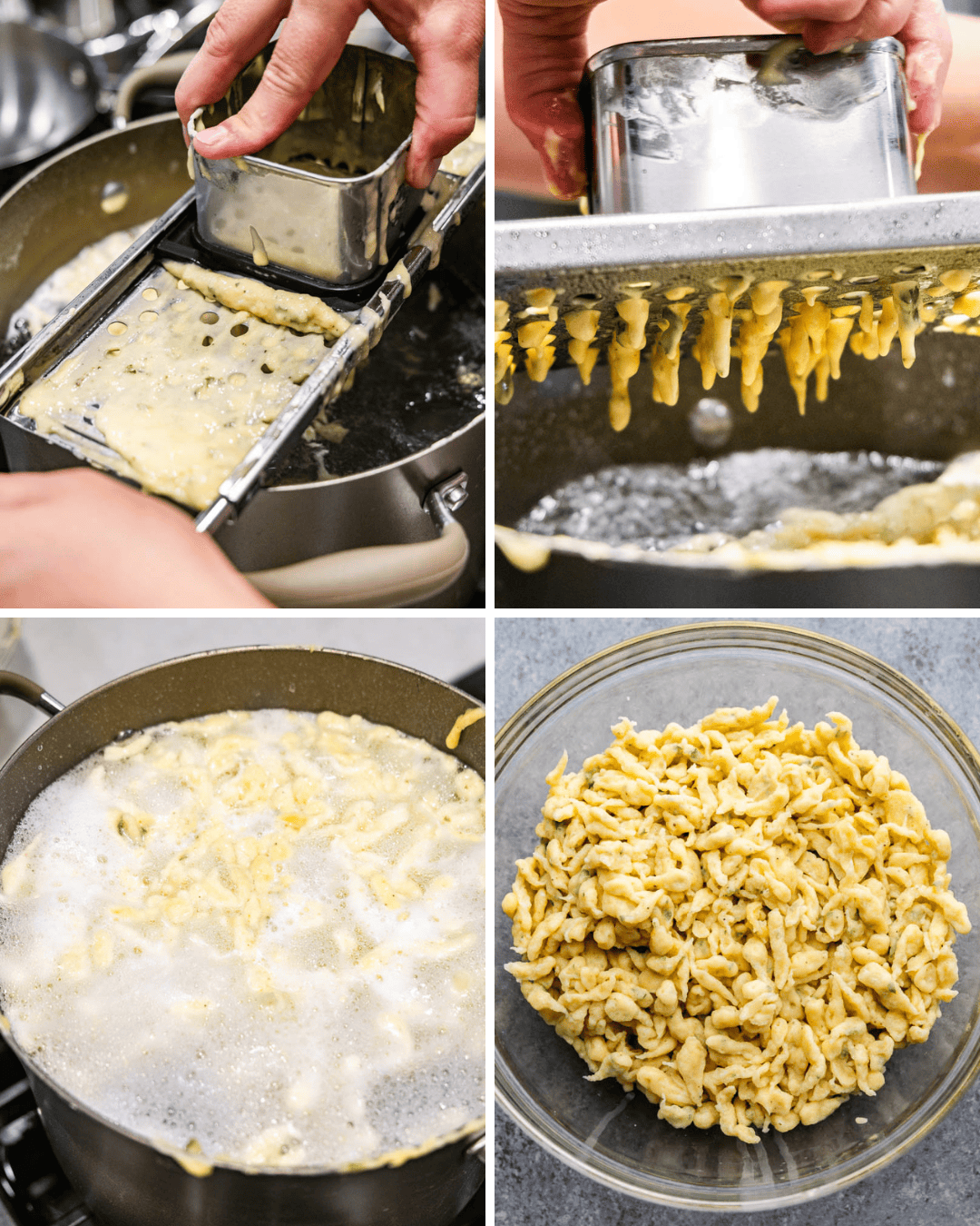 A collage of pictures showing the process to make Granny's German Spaetzle.