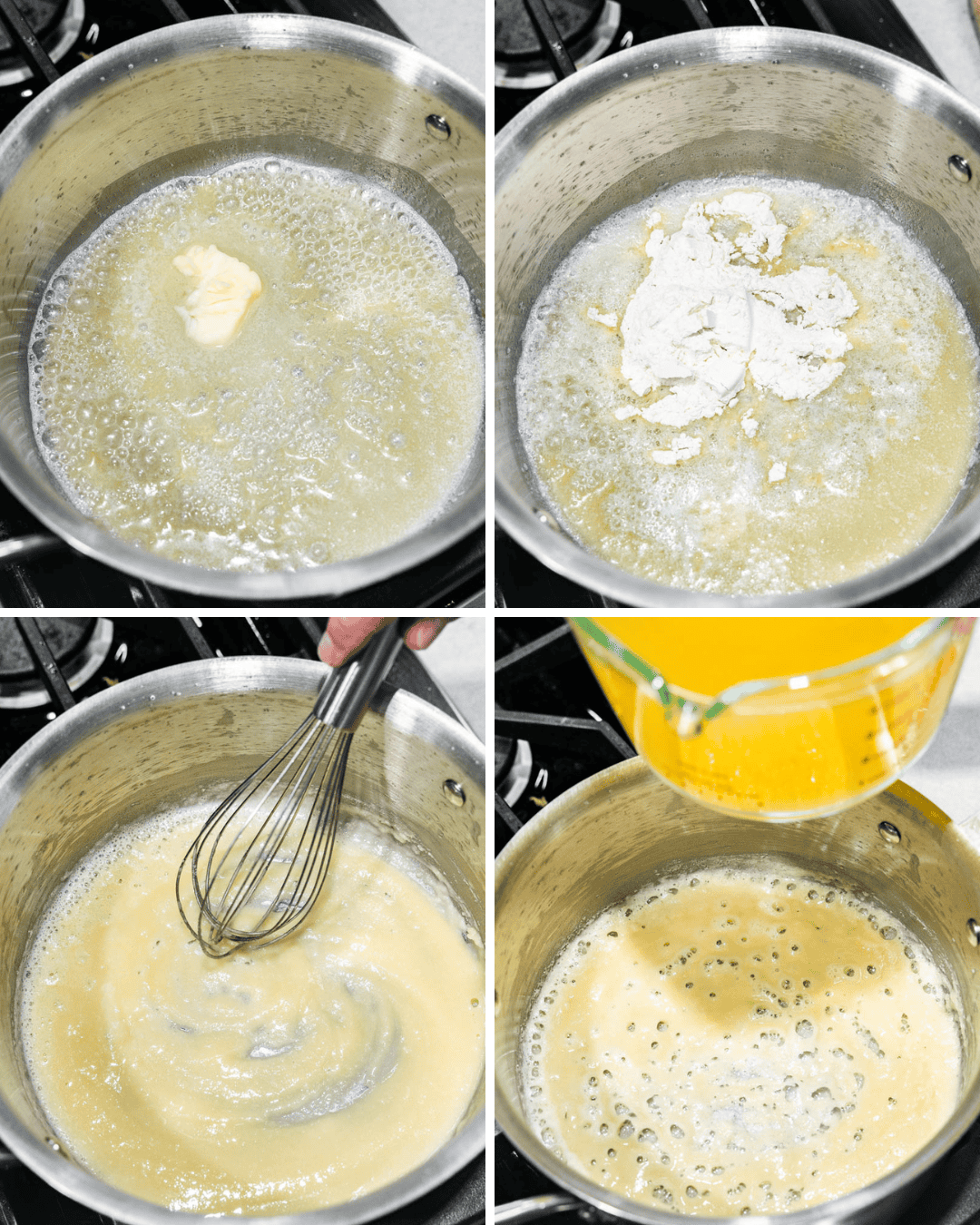 A collage of pictures showing the 4 steps of making a roux for gravy.