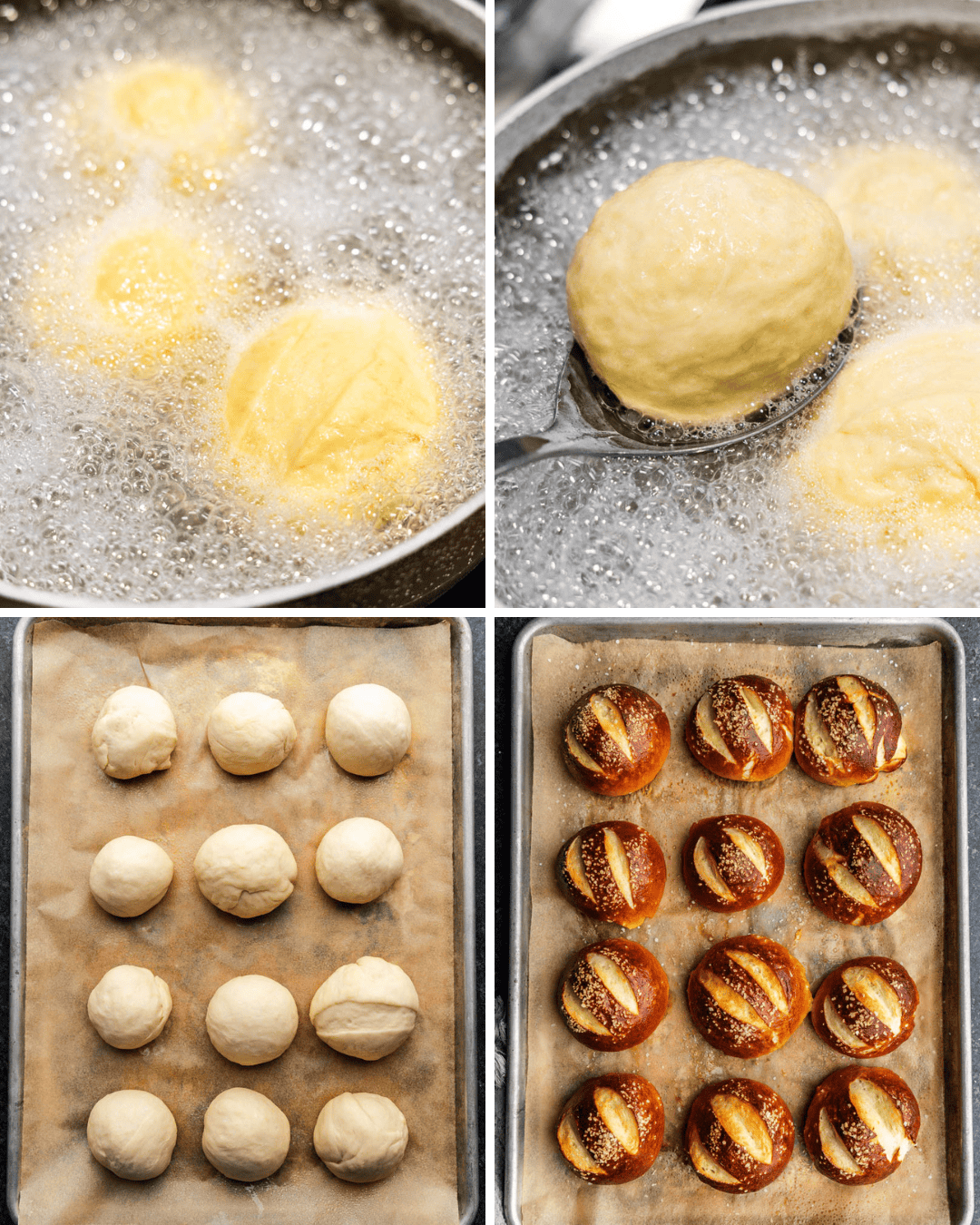 A collage of four images showing the steps for making homemade pretzel rolls.