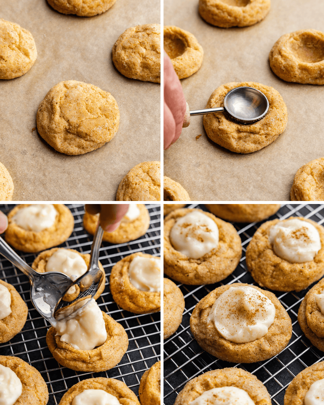 A collage of 4 images showing how to bleed and fill pumpkin cheesecake thumbprint cookies.