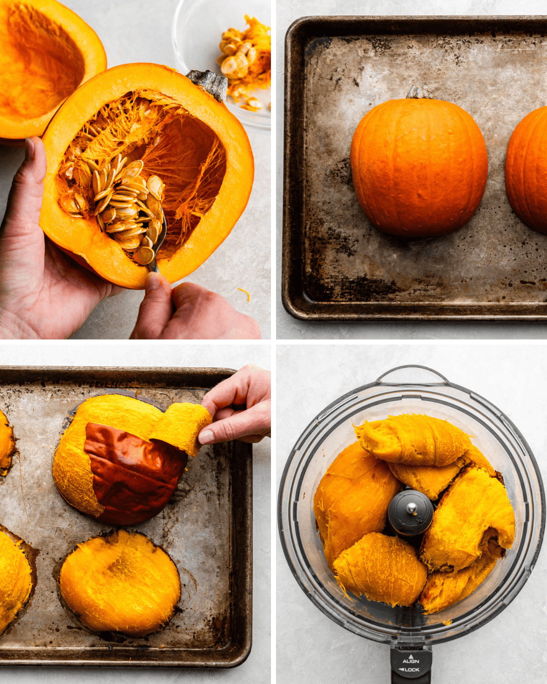 A collage picture showing the steps to make homemade pumpkin puree