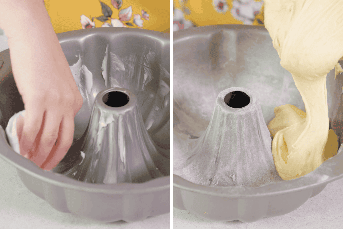 Side by side a bundt pan is being greased, and another photo shows a floured pan with batter poured into it.