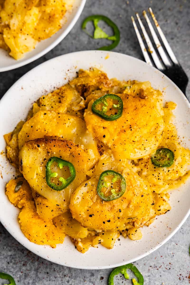 Jalapeno Scalloped Potatoes on a white plate.