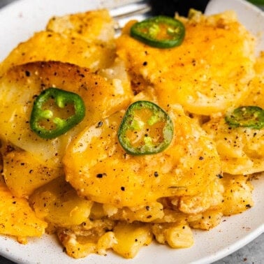 A plate of cheesy jalapeno scalloped potatoes.