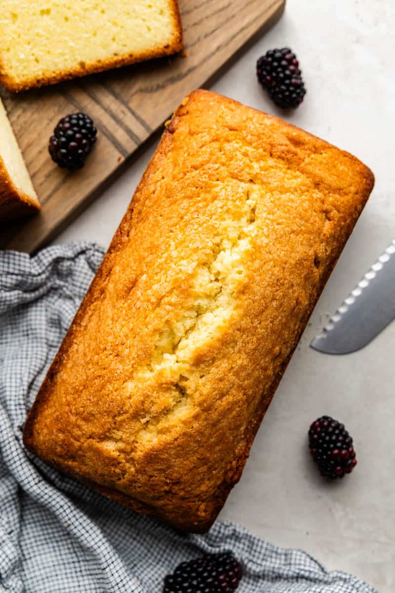 A freshly baked loaf of traditional pound cake