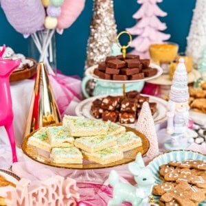 A colorful tablescape of Christmas treats.