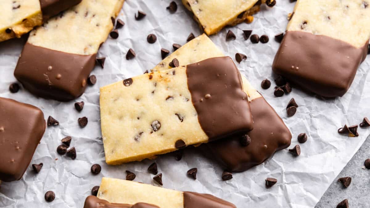 chocolate chip shortbread cookies stack on each other on table