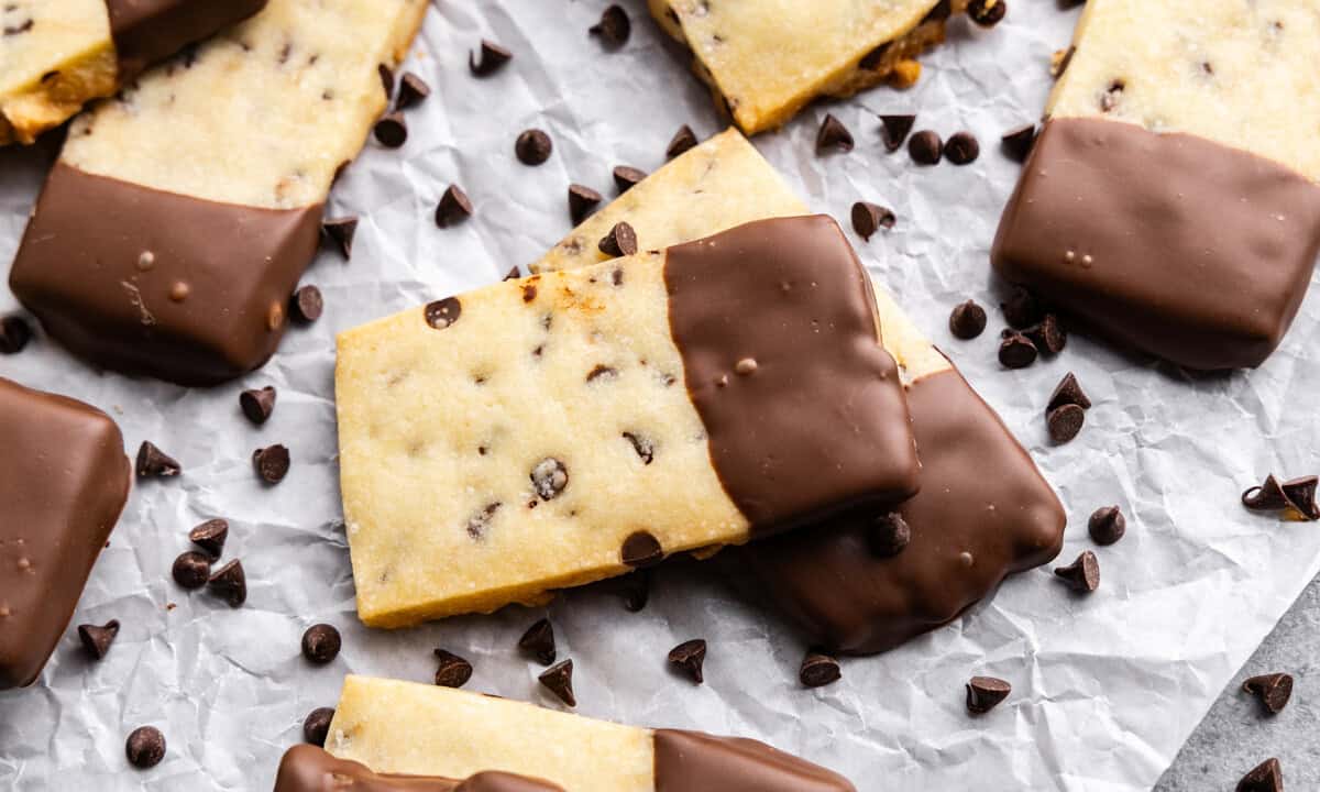 chocolate chip shortbread cookies stack on each other on table