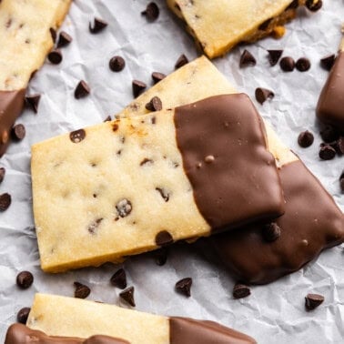 chocolate chip shortbread cookies stack on each other on table