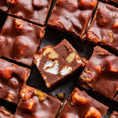 An overhead view of cut pieces of fantasy fudge.