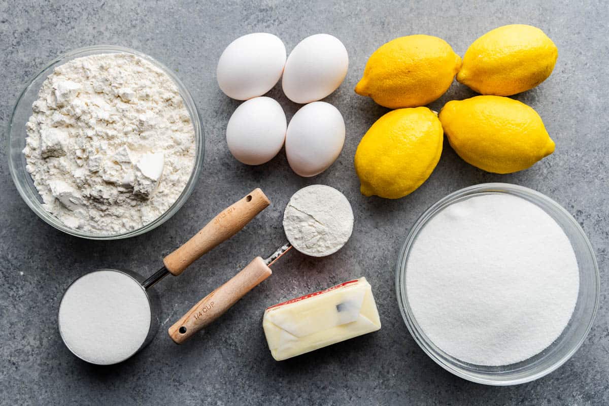 5 ingredient lemon bar ingredients on table