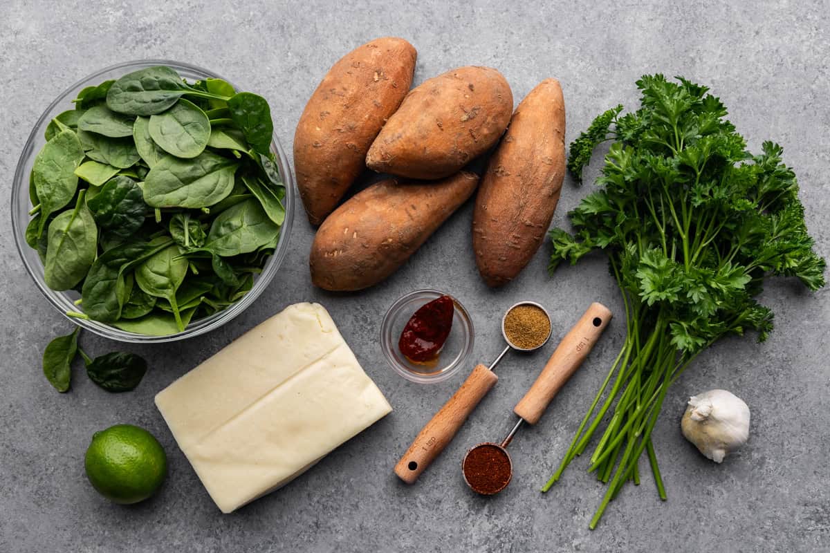 An overhead view of the ingredients needed to make chipotle twice baked sweet potatoes.