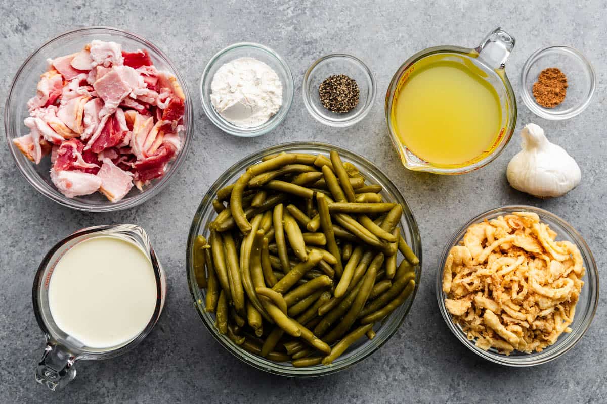 An overhead view of the ingredients needed to make green bean casserole.