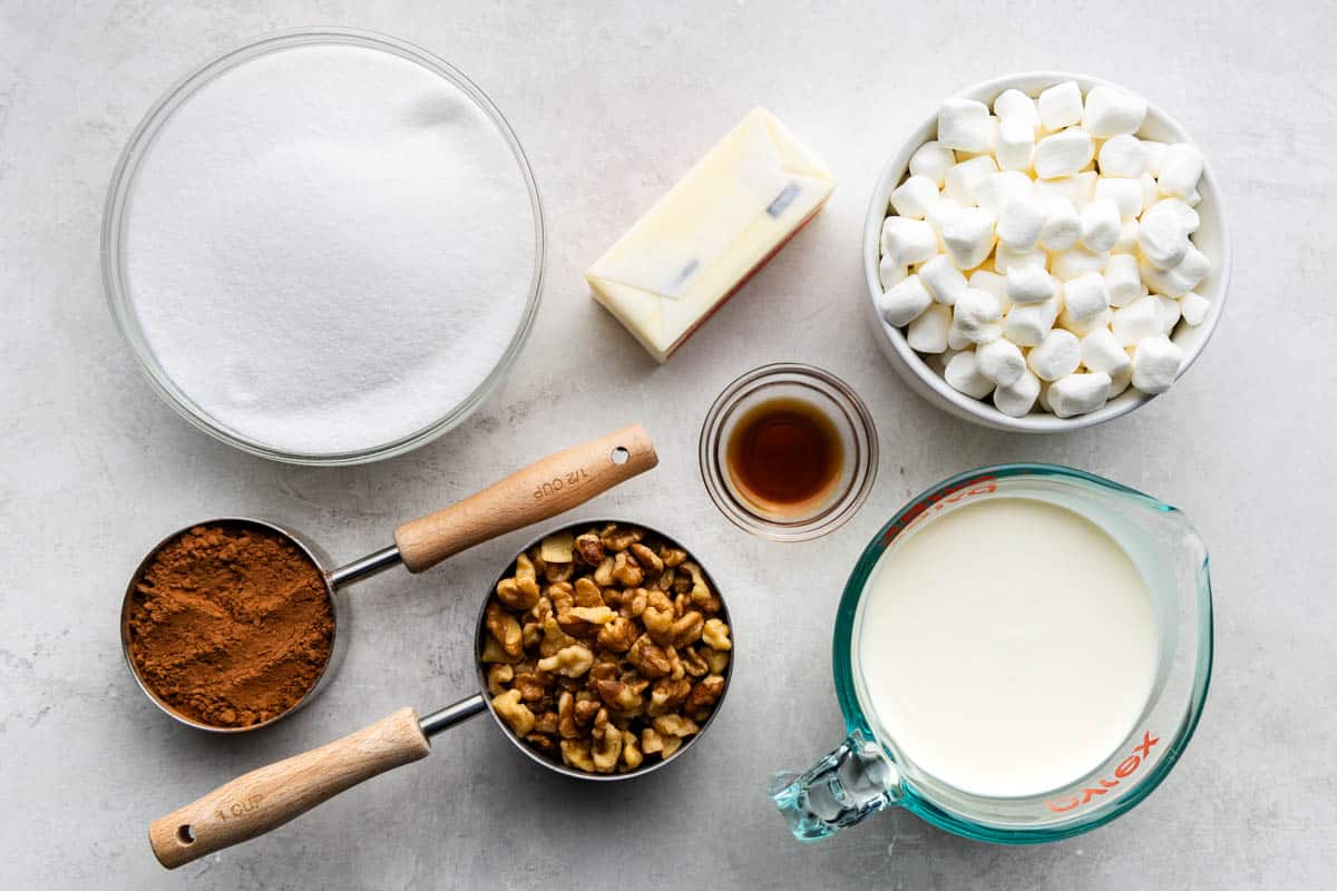 An overhead view of the ingredients needed to make fantasy fudge.