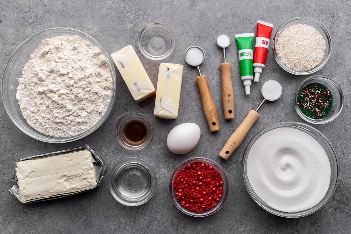 spiral christmas sugar cookie ingredients on table