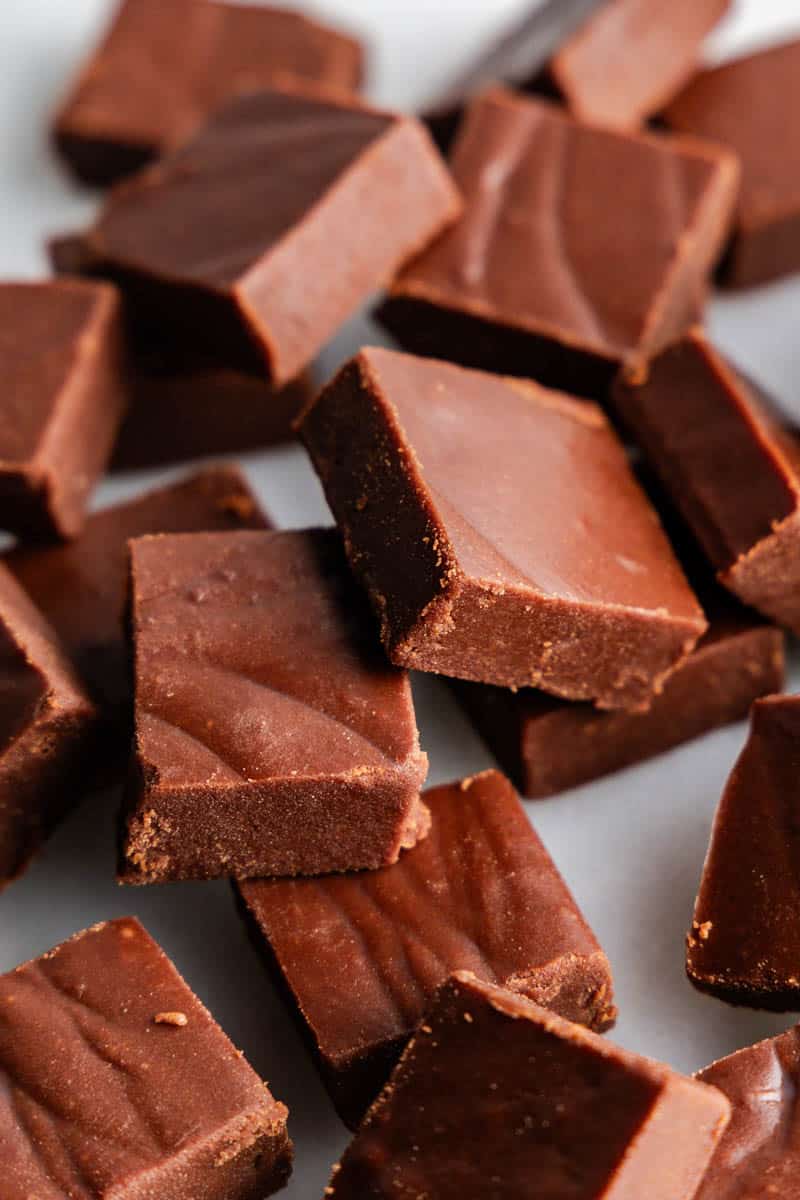 A close up view of pieces of homemade old fashioned fudge.