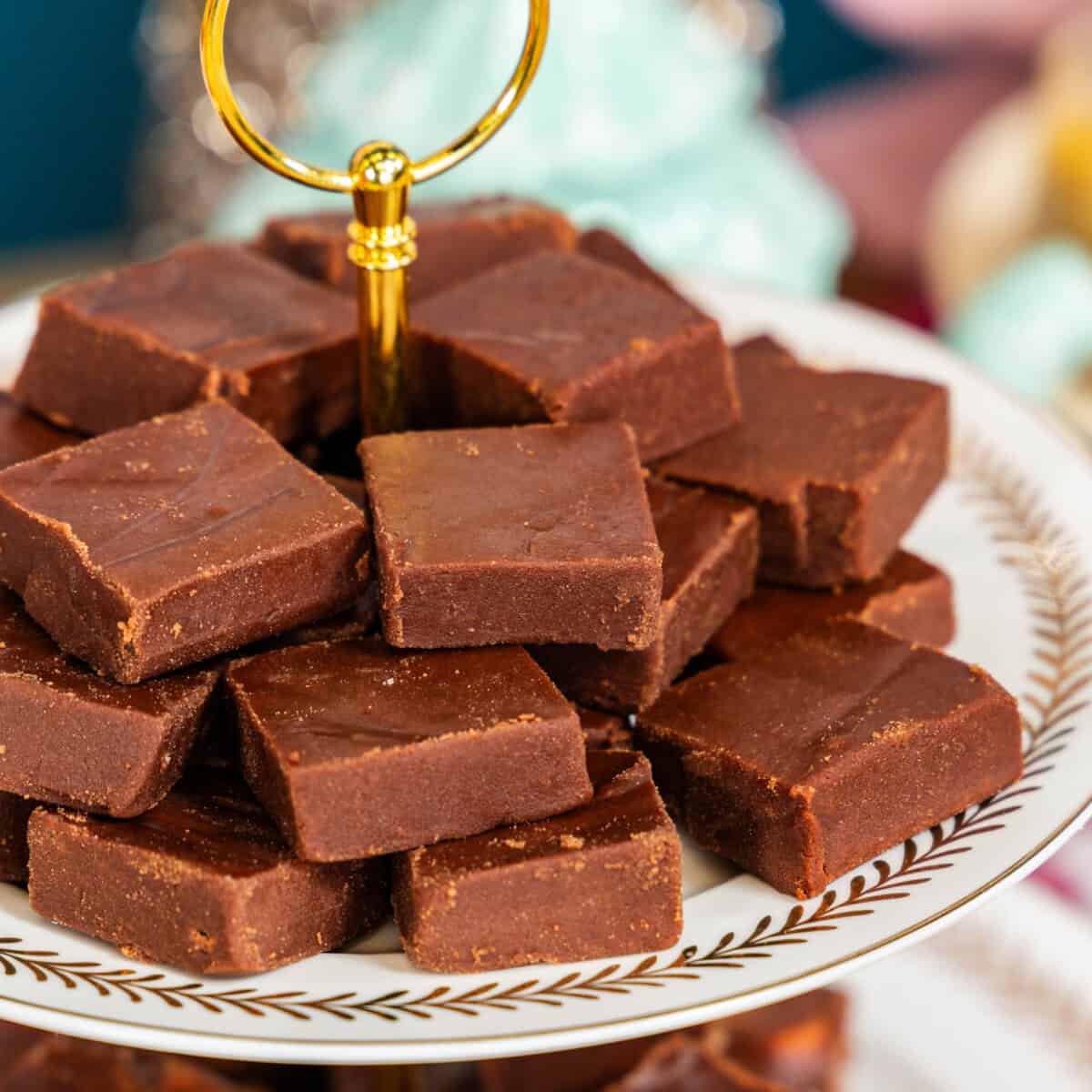 Pieces of homemade fudge on a platter.