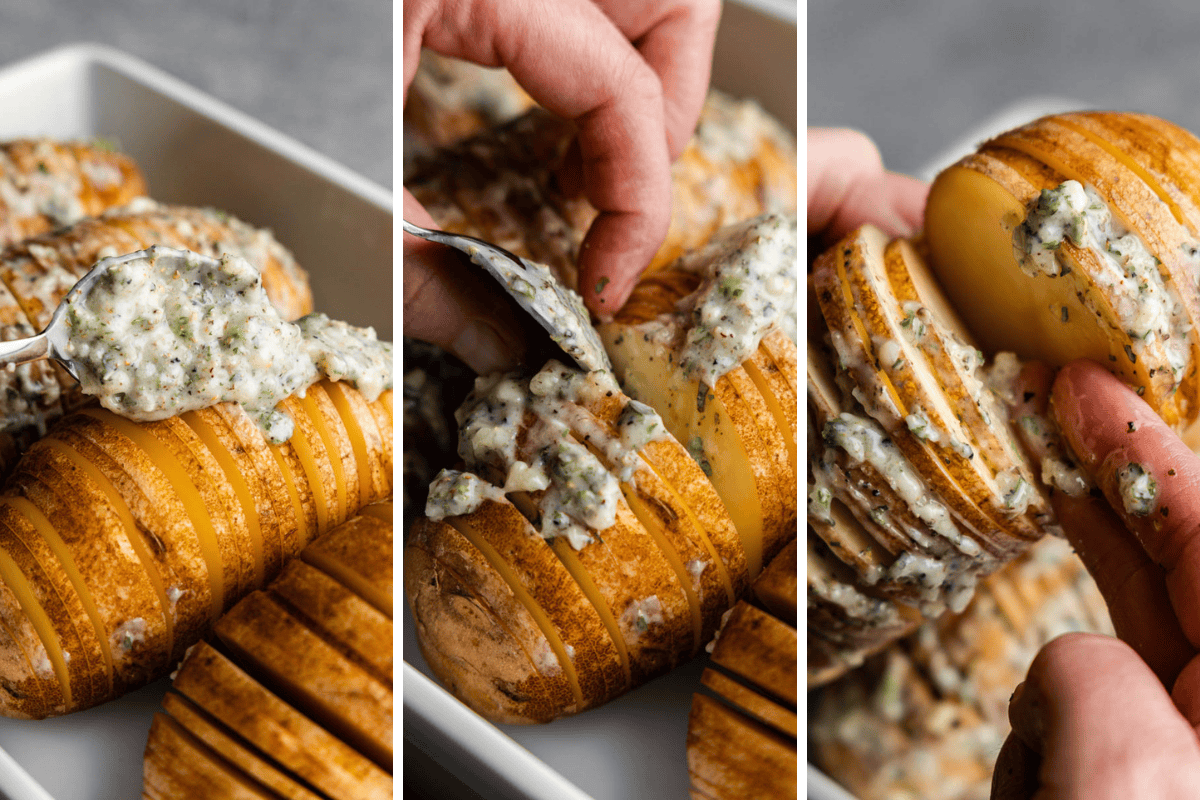 A collage of images showing the process of stuffing a raw hasselback cut potato with garlic herb butter.