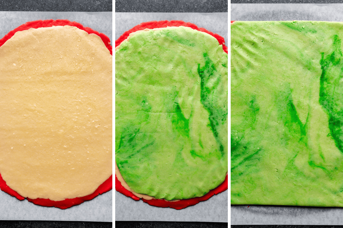 A collage of 3 images showing the stacking of layers of colored sugar cookie dough.