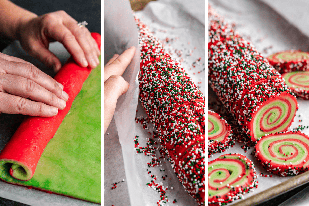 A collage of 3 images showing spiral christmas sugar cookies being made.