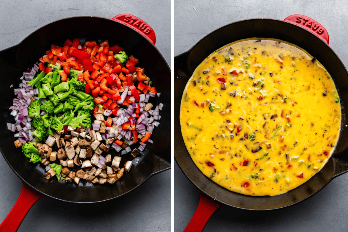 A collage of two images showing how to make a veggie frittata.