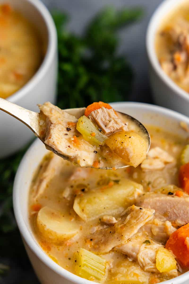 spoon of slow cooked turkey soup