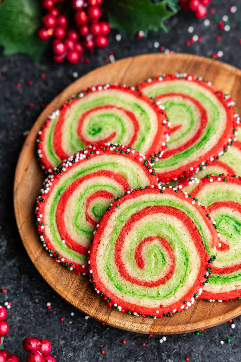 plate of spiral christmas sugar cookies