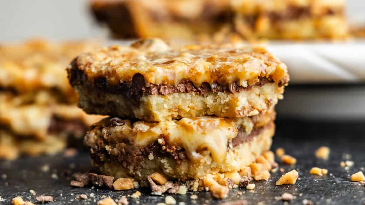 toffee dessert bars stacked on table