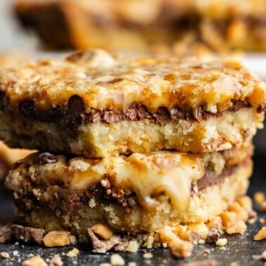 toffee dessert bars stacked on table