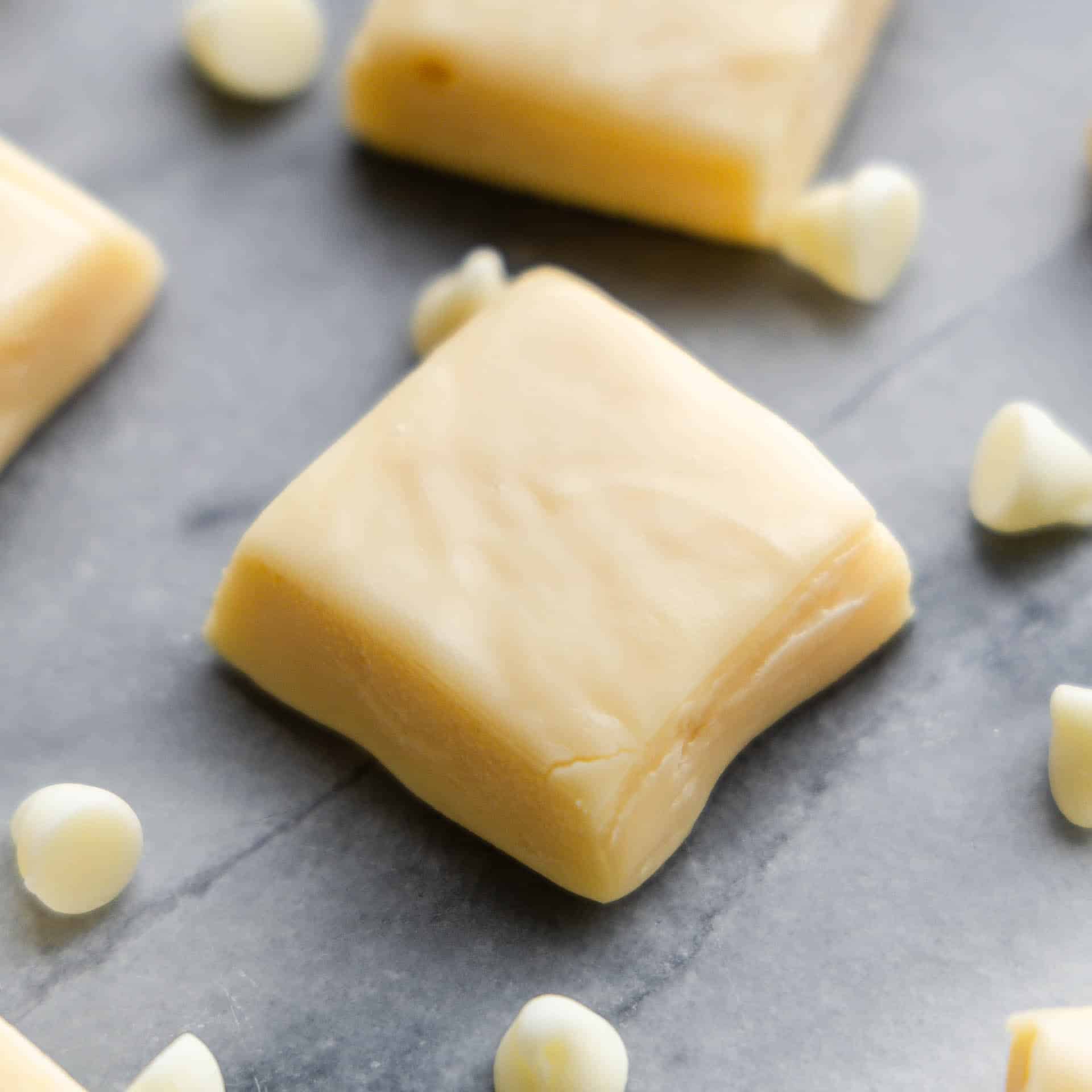 A close up view of a piece of homemade vanilla fudge.