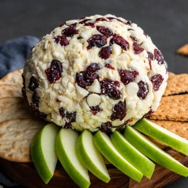 A white chocolate cranberry orange cheese ball surrounded with sliced green apples, crackers and graham crackers.