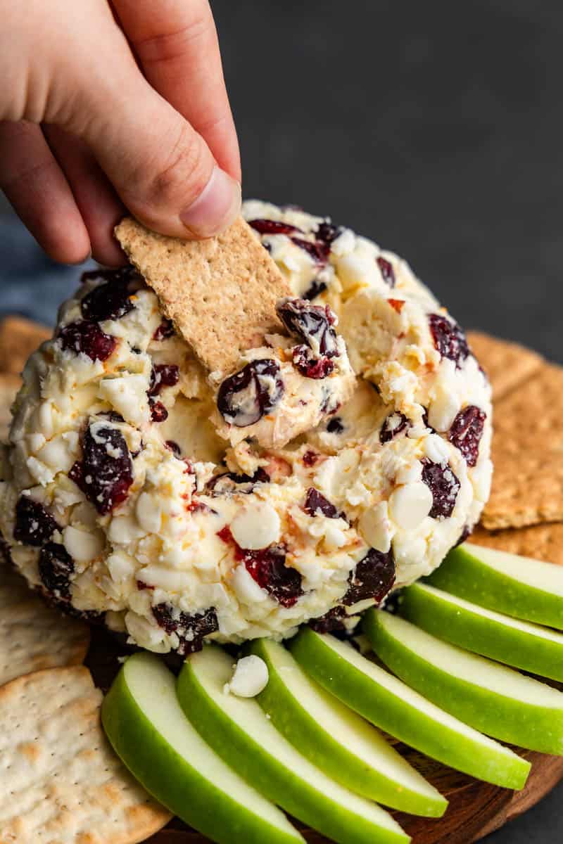 A graham cracker scooping out part of a white chocolate cranberry orange cheese ball.