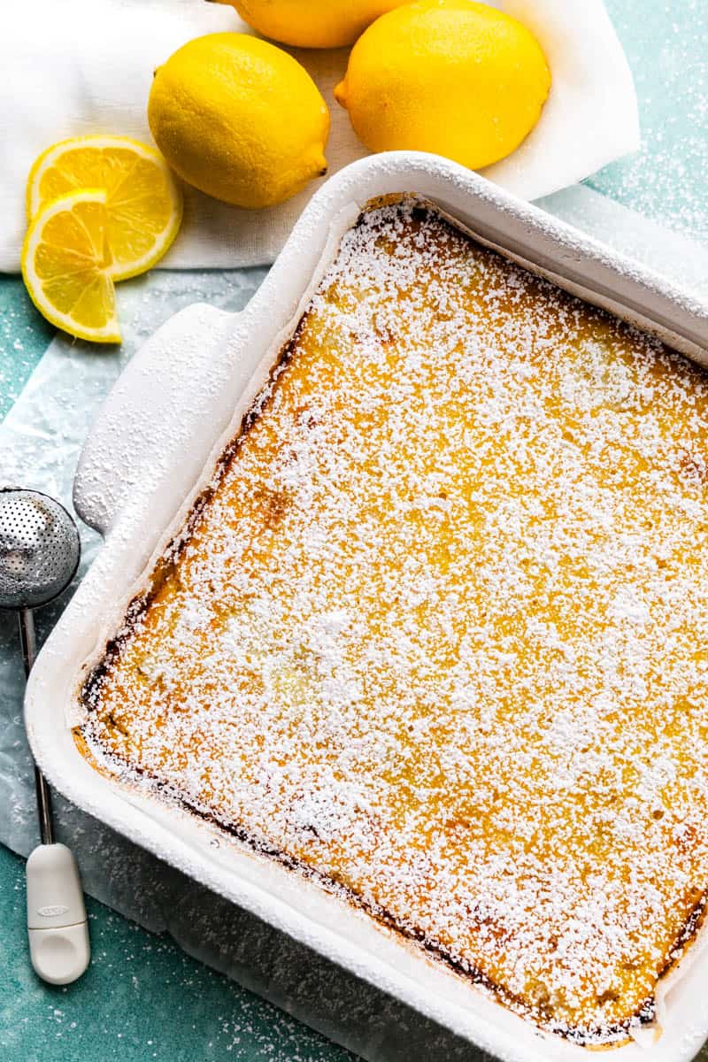 A close up view of lemon bars in the pan.