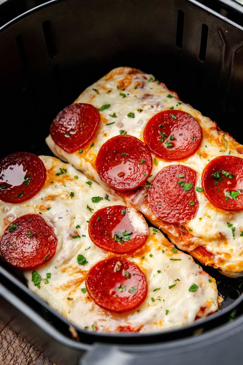 An overhead shot of slices of air fryer french bread pizza