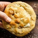 A hand holding a bakery style white chocolate macadamia nut cookie.