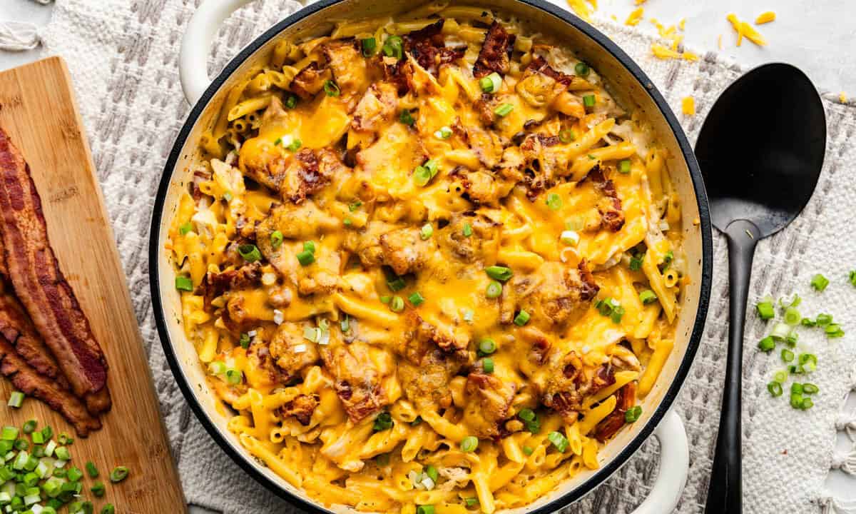 An overhead view of a pot of one pot crack chicken casserole.