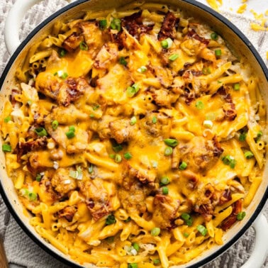 An overhead view of a pot of one pot crack chicken casserole.