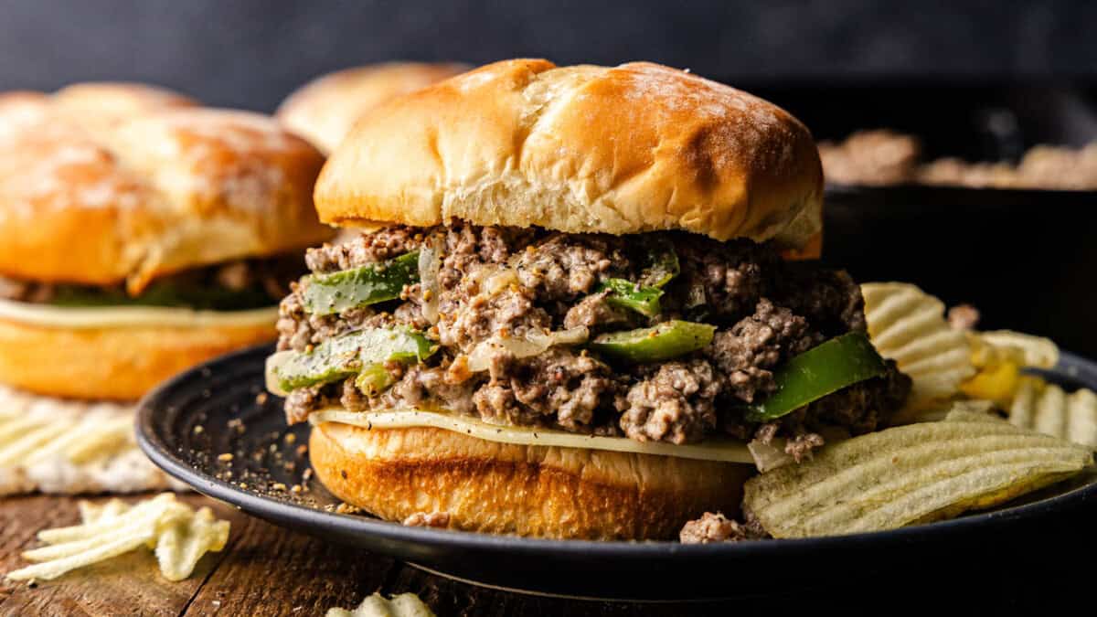 side view of cheesecake sloppy joe on a plate