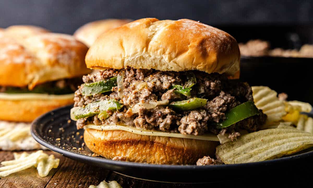 side view of cheesecake sloppy joe on a plate