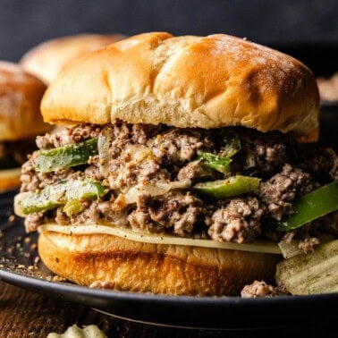 side view of cheesecake sloppy joe on a plate