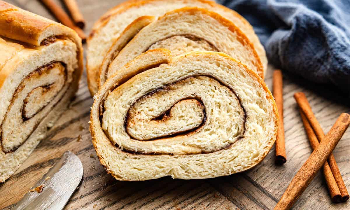 Slices of cinnamon swirl bread.