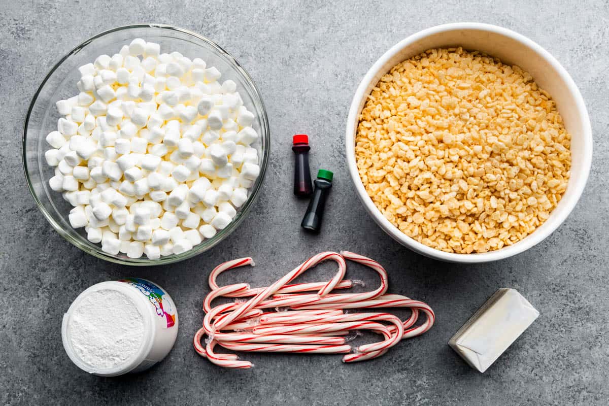 An overhead view of the ingredients needed to make Christmas rice krispie treats.