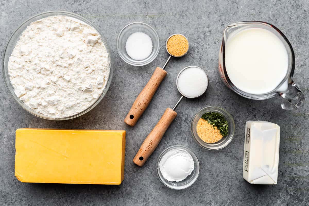 An overhead view of the ingredients needed to make cheddar bay biscuits.