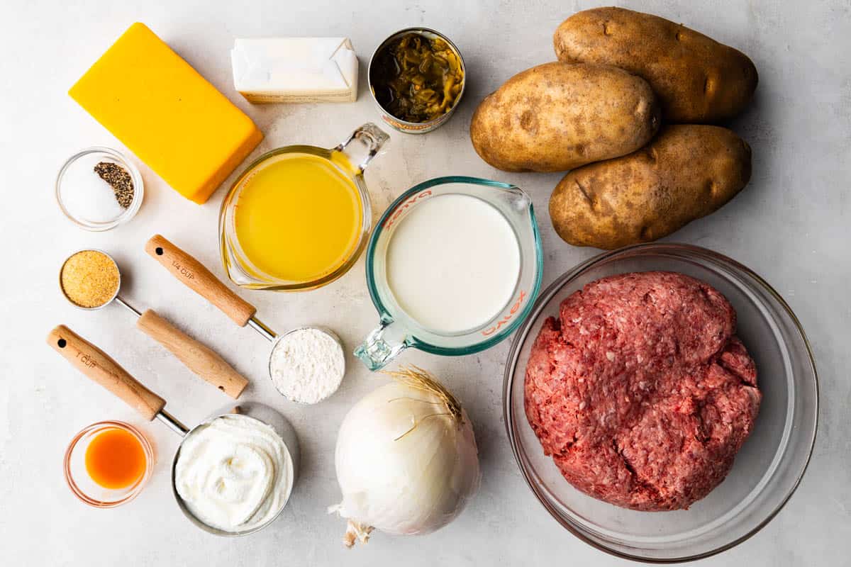 An overhead view of the ingredients needed to make hobo casserole.