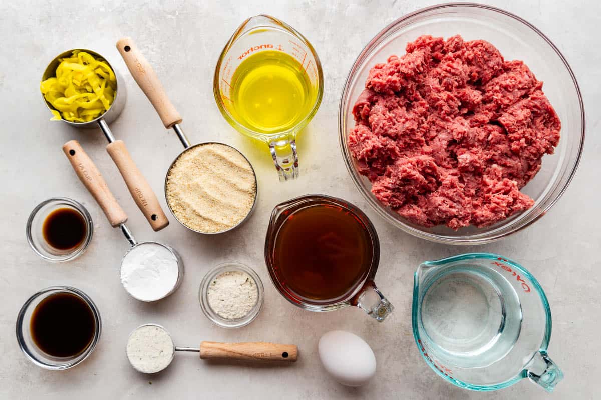 An overhead shot of ingredients for Mississippi Pot Roast Meatloaf.